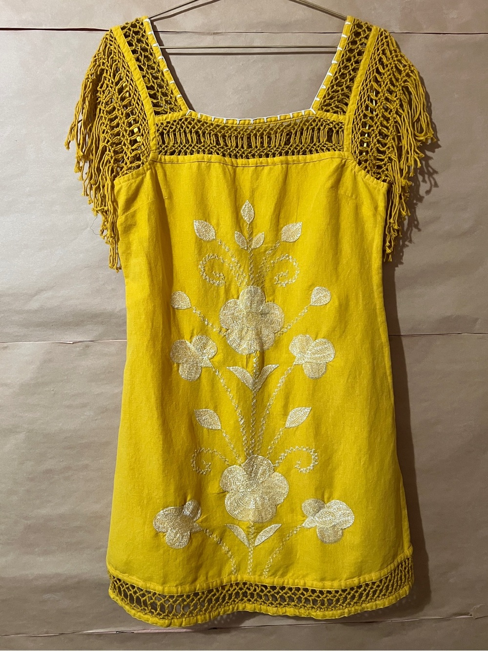 Free People | Embroidered Floral Macrame Fringe Mini Dress Linen Yellow Size 4